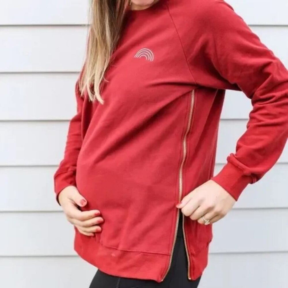 NWT MoveMama Brass Zip Sweatshirt, Burgundy, Size XS